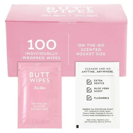 100 Pieces Flushable Wrapped Wet Butt Wipes for Adults Womens, Aloe Vera Scented