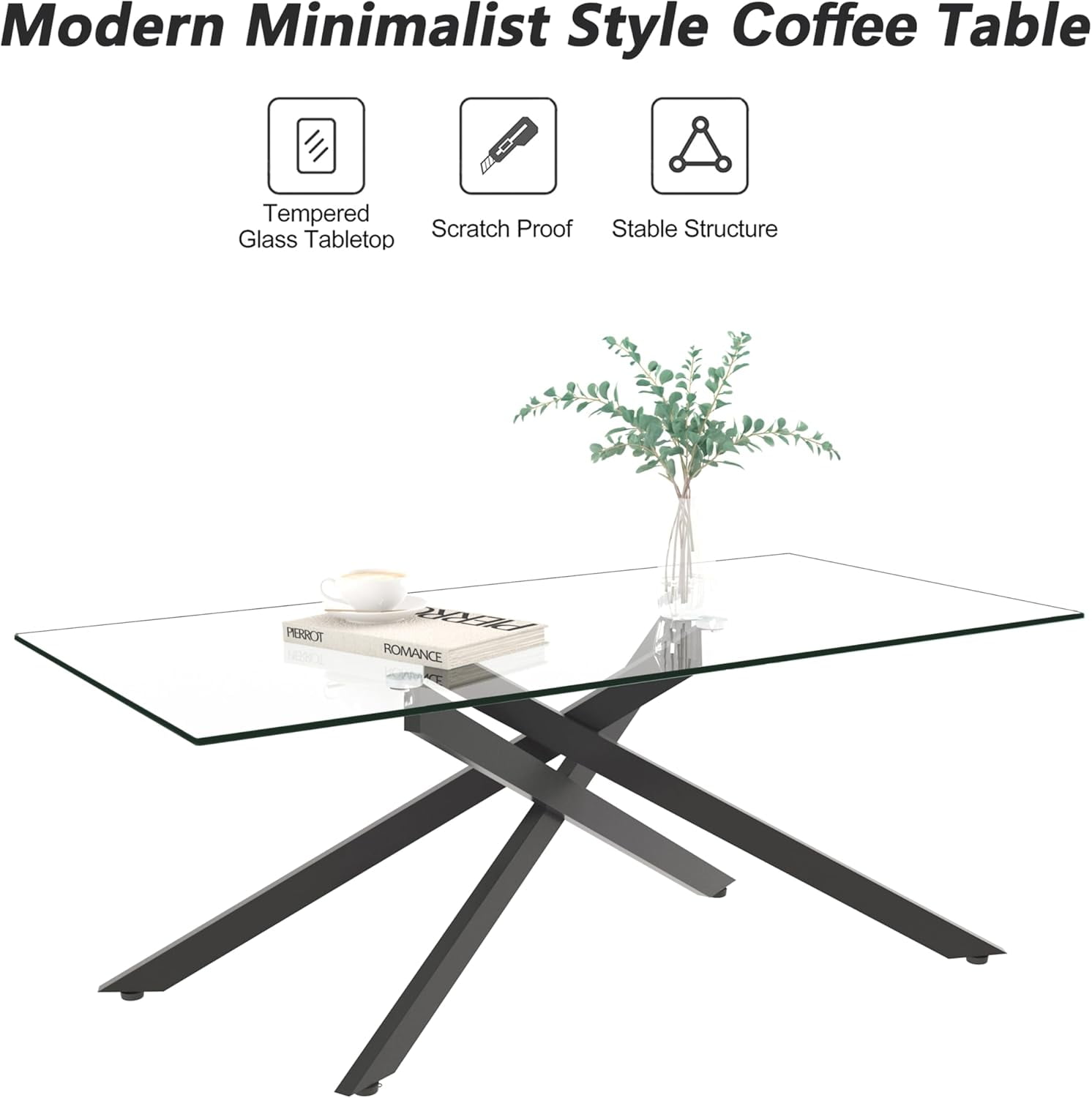 Glass Coffee Table, Holaki 47.2" Clear Rectangle Glass Coffee Table, Modern Coffee Table with Metal Legs, Center Table Sofa Table Home Furniture for Living Room