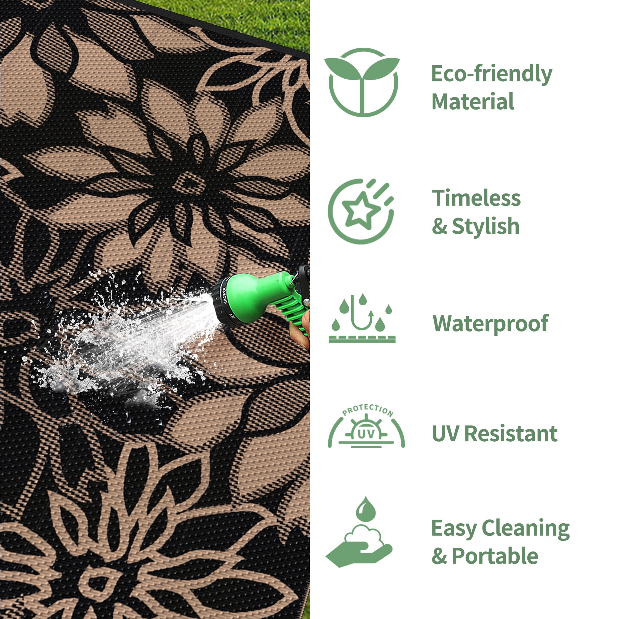 KUETH 6'x9' Outdoor Rug Waterproof Plastic Reversible Floral Patio Camping Outside Carpet,Black Brown
