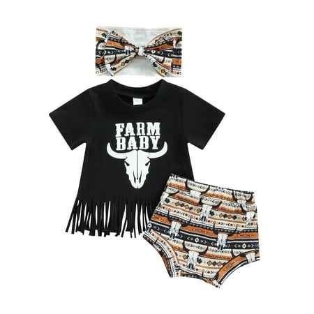 

Amuver Infant Girl Summer Clothes 3Pcs Outfits Letter Print Short Sleeve Tassel T-Shirt + Animal Shorts + Bow Headband