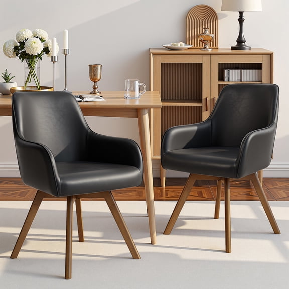 WOOW DEPOT Swivel Dining Chairs Set of 2, Upholstered PU Leather w/ High-Back & Arm & Rubberwood Legs, Modern Side Chairs for Kitchen Living Room Office, Black