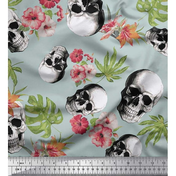 Soimoi Georgette Viscose Fabric Monstera Leaves,Floral & Horror Skull Halloween Printed Fabric 1 Yard 42 Inch Wide