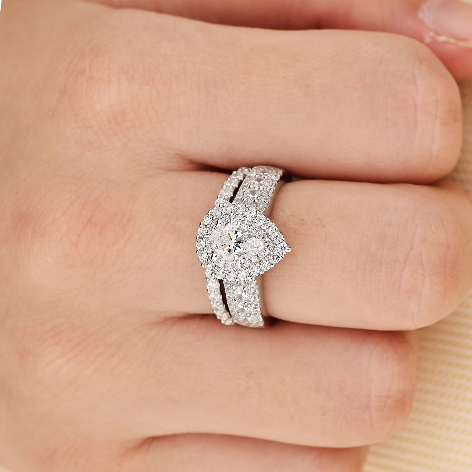 Newshe Jewellery 2 Ct Moissanite Bridal Ring Sets Double Halo Pear Cut Engagement Promise Rings for Women Size 8