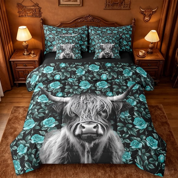 jejeloiu Teal Rose Cow 7-Piece Twin Bedding Sets Kids,Western Print Bedding Comforter Set,Reversible