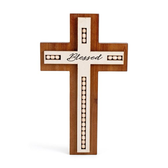 Cruz de madera de pared OKSQW, 30 x 18 cm, cuentas bendecidas de madera de pino