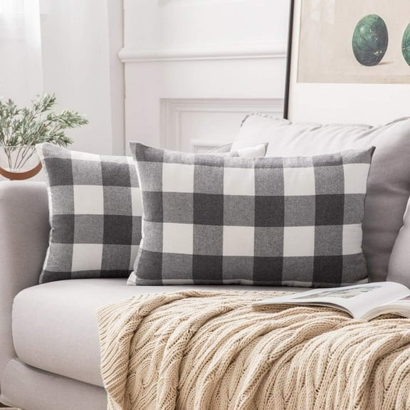 Pack of 2 Classic Farmhouse Buffalo Check Plaids Polyester Linen Soft Solid Grey and White Decorative Throw Pillow Covers Home Decor Outdoor Cushion Case for Sofa Bedroom 12 x 20 Inch