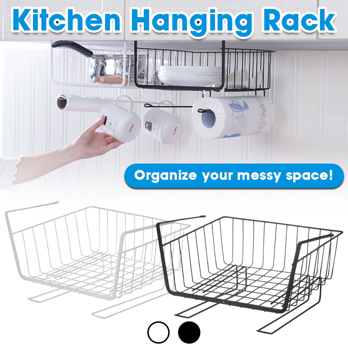 Bathroom Under Shelf Storage Basket Under Cabinet Hanging Metal Wire Storage Basket Organizer for Kitchen Office Pantry White Cabinet
