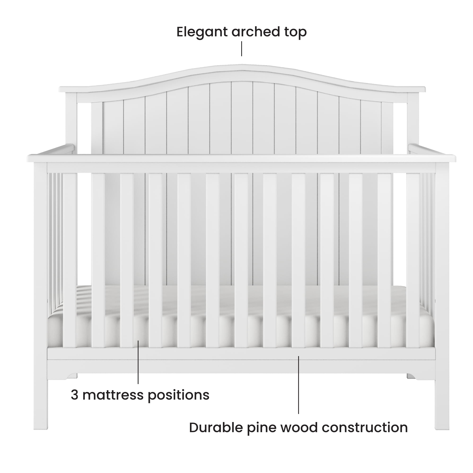 Child Craft Hampton 4-in-1 Convertible Baby Crib, Arch Top in Matte White