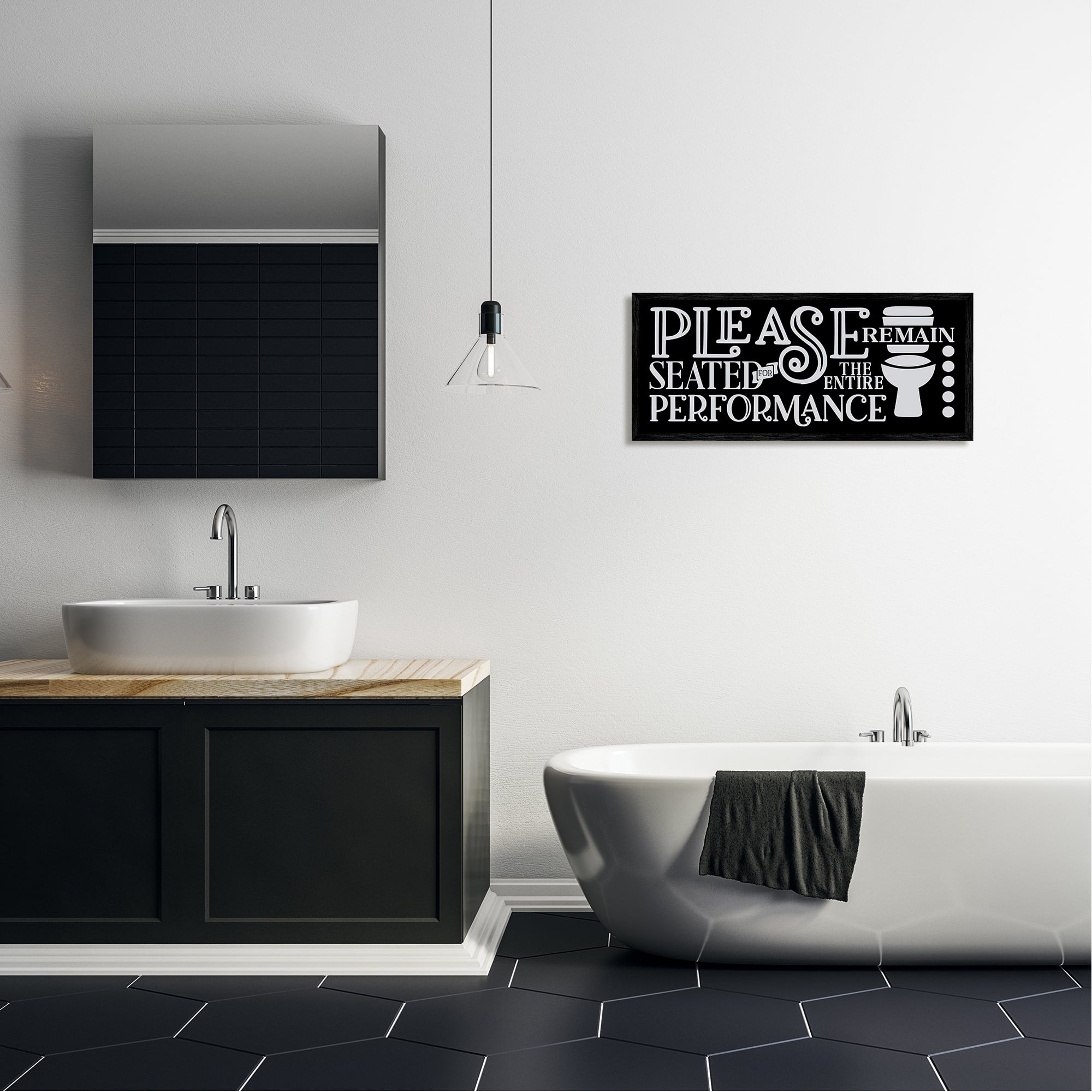 Stupell Industries Please Remain Seated Phrase Typography Painting Black Framed Art Print Wall Art, 30 x 13
