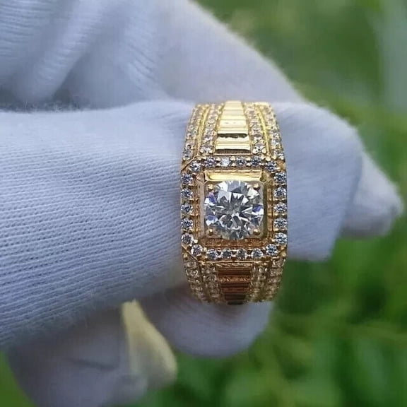 Round Cut Lab Created Diamond Men's Engagement Band Ring 14k Yellow Gold Plated Sterling Silver