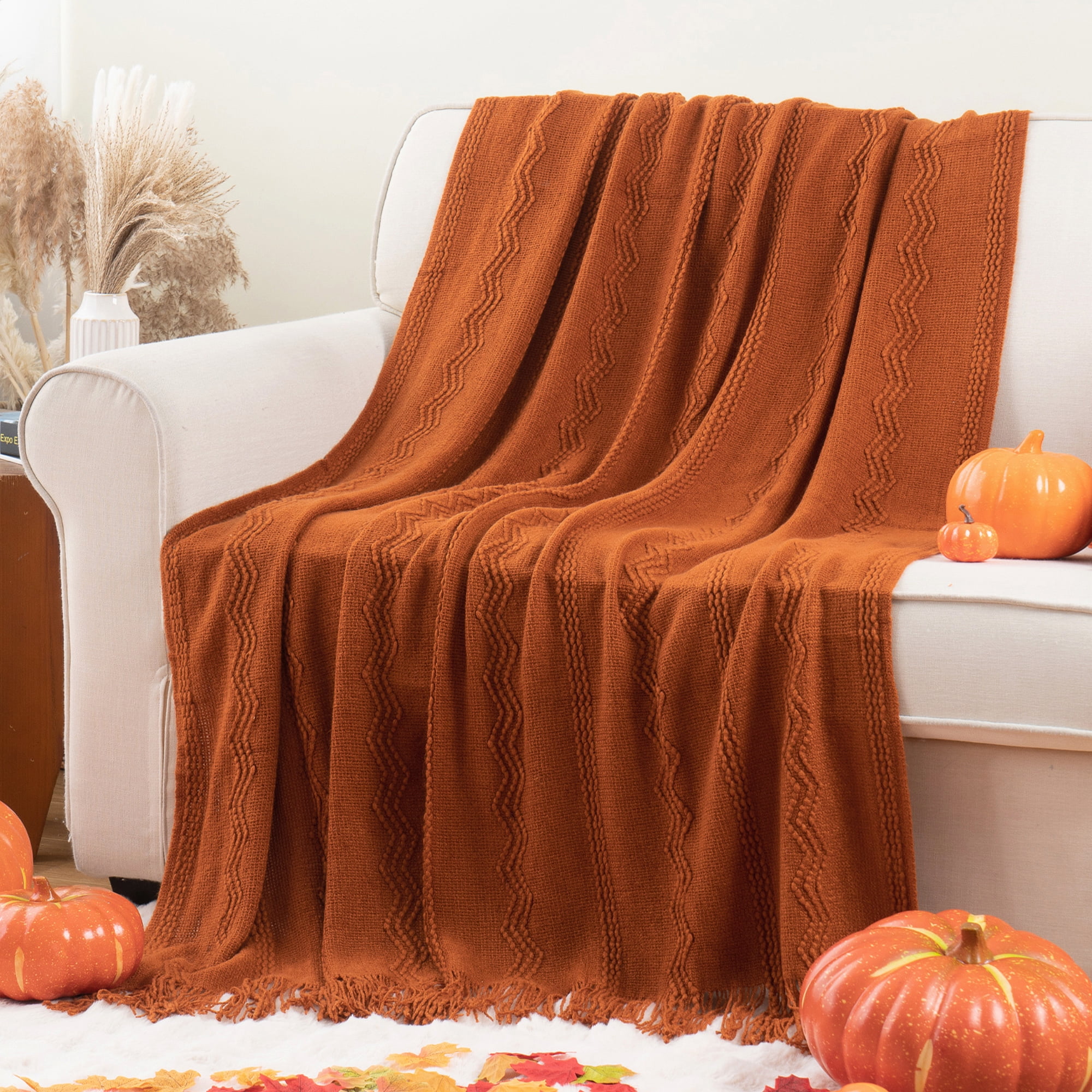 Battilo Caramel Throw Blanket, Lightweight Rust Orange Knit Blanket, Fall Decorative Throw for Couch ,50"x60"
