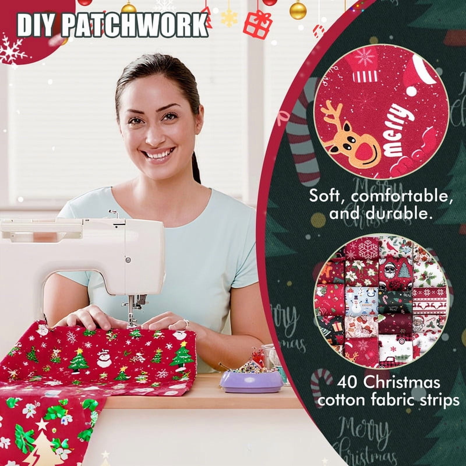 40PCS Jelly Roll Fabric, 2.5x39 Inches (6.5x100 cm) Christmas Cotton Fabric Bundle Patchwork Floral Fabric Sewing Quilting Bundles Assorted Pattern Cloth for DIY Scrapbook Craft Making (Christmas)