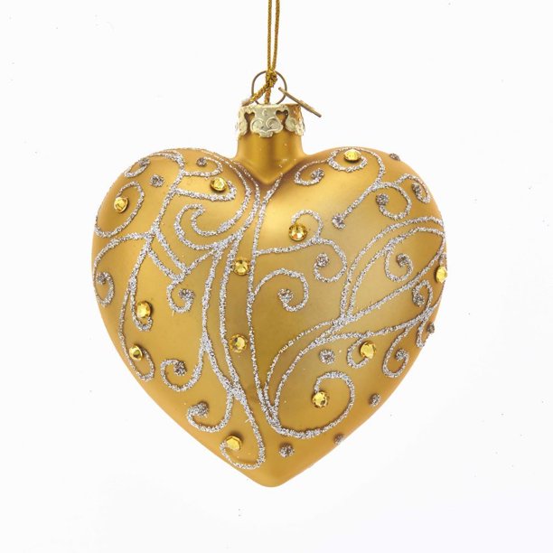 Noble Gems GOLD HEART Glass Christmas Ornament with Swarovski Crystals