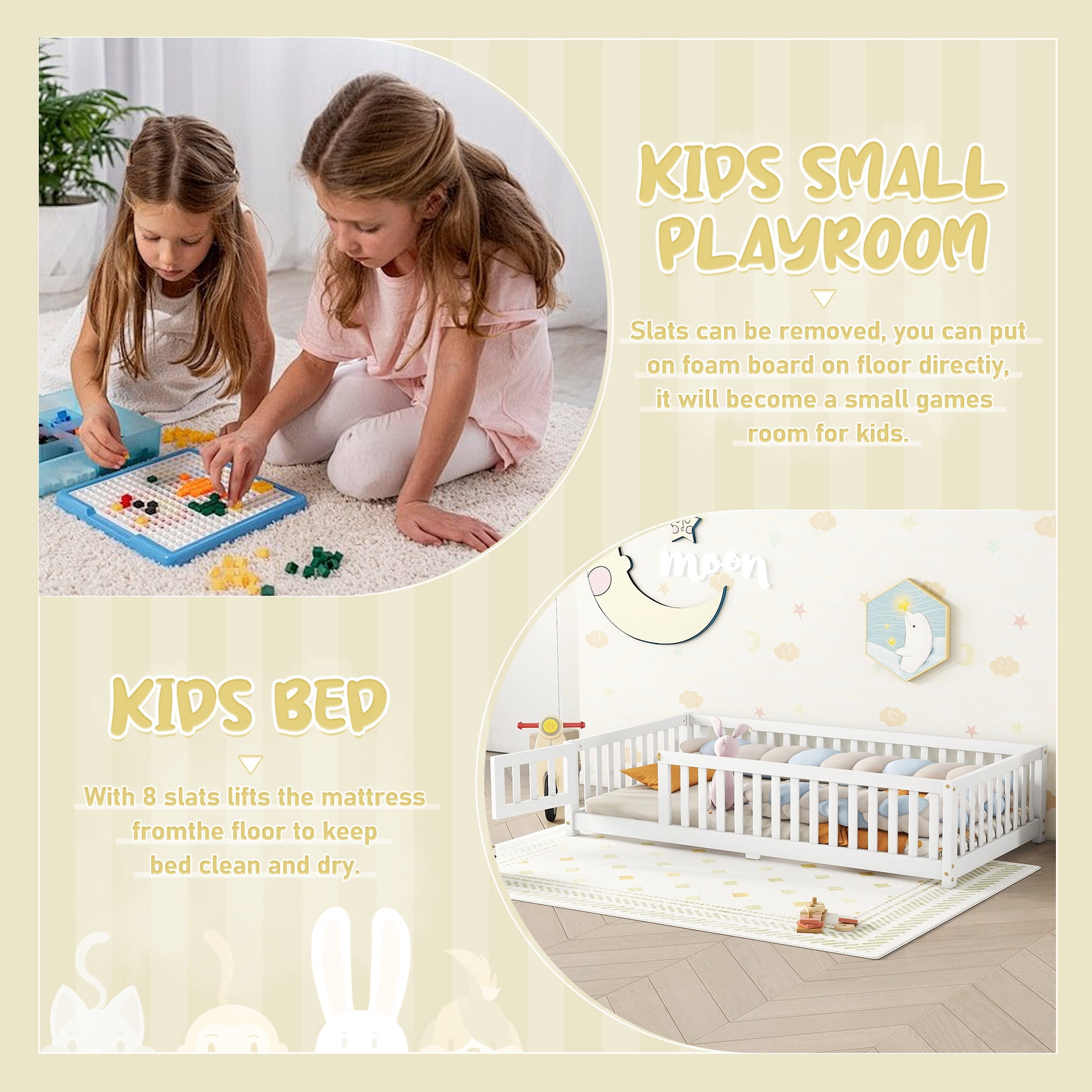 Floor Bed with Safety Rails & Fun Door, Low Profile Bed, Gray Solid Pine Wood, Easy Assembly,Twin Size
