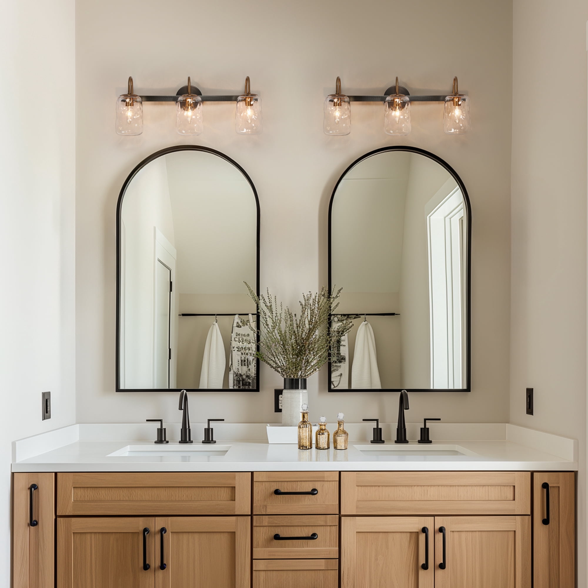 LNC Modern 3-Light Bathroom Vanity Light with Clear Water Glass, Black and Gold Fixture