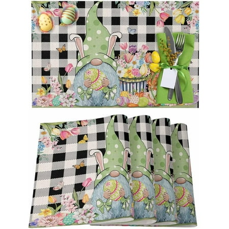 

Easter Placemats Set of 4 Gnome Eggs Bunny Tulip Placemat for Dining Table Decorations Black Buffalo Plaid Place Mats Spring Table Mats for Kitchen Dinner Seasonal Holiday Party Decor
