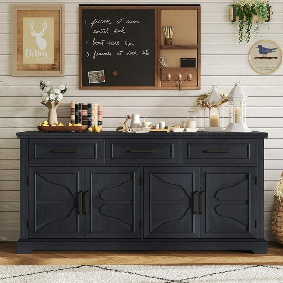 63" Large Sideboard Buffet Cabinet with 3 Drawers, 32" Tall Farmhouse Accent Cabinet with 4 Doors & Adjustable Shelves, Coffee Bar Wine Storage Table for Dining Room, Living Room, Black