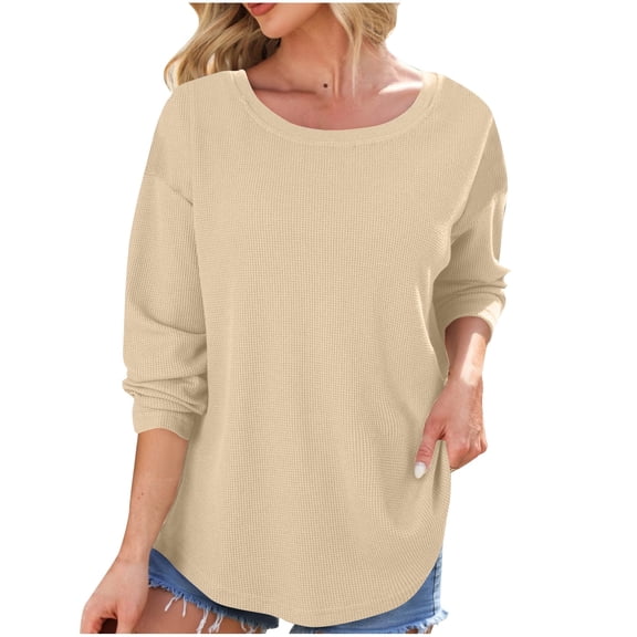 YUTK Womens 3/4 Sleeve Tops - Women's Casual Round Neck Sweatshirt Long Sleeve Shirts Fall Pullover Tops Beige Xxl