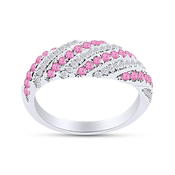 Round Cut Simulated Pink Sapphire And White Natural Diamond Wedding Band Ring In 14K White Gold Over Sterling Silver (Clarity : I2-I3,Color : I-J, 0.59 Cttw) Ring Size-4