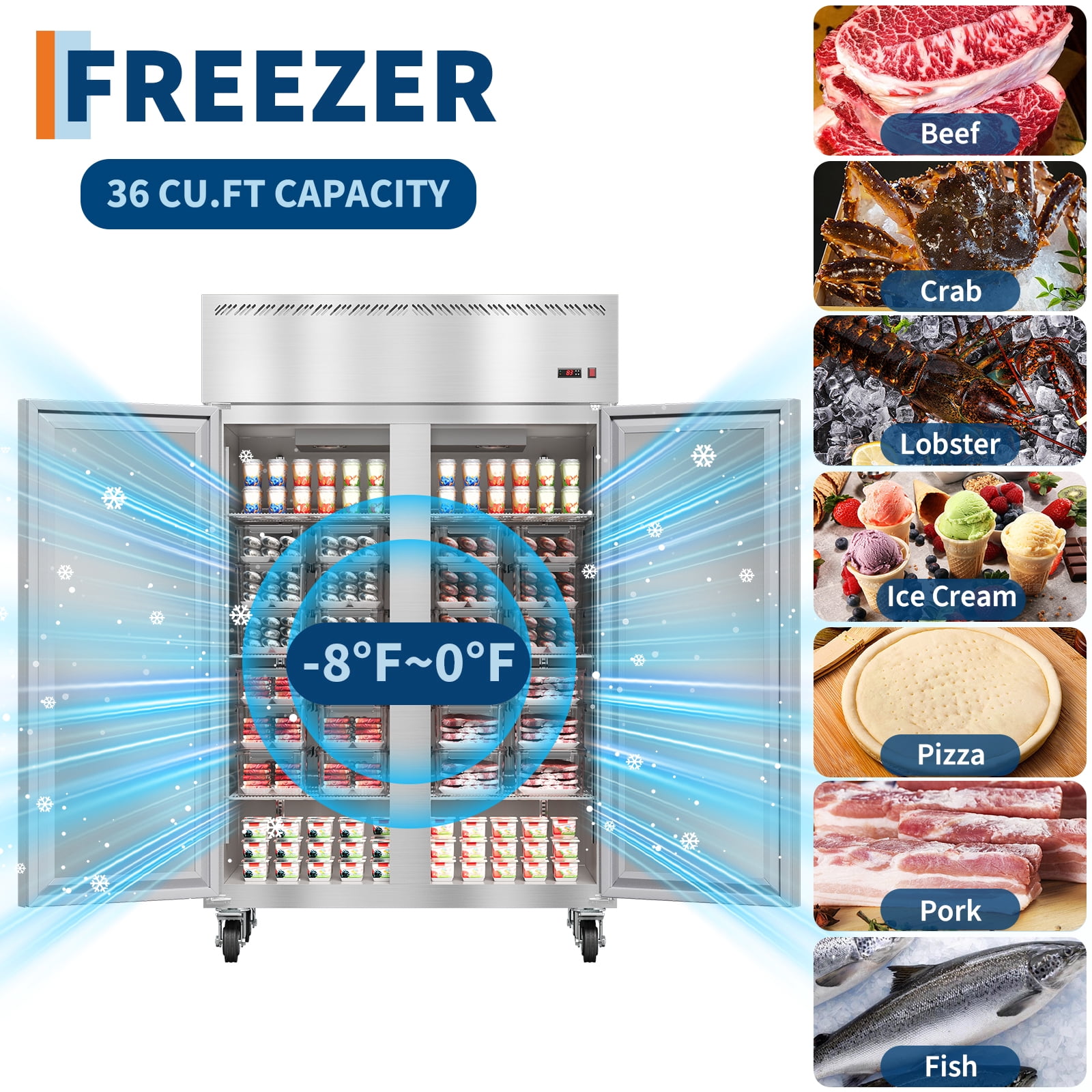 48" Commercial Beverage Refrigerator Freezer – 36 Cu Ft Upright, 2 Stable Doors, 6 Adjustable Shelves, Auto Defrost, -8°F~0°F, Stainless Steel – for Restaurant, Bar, Shop