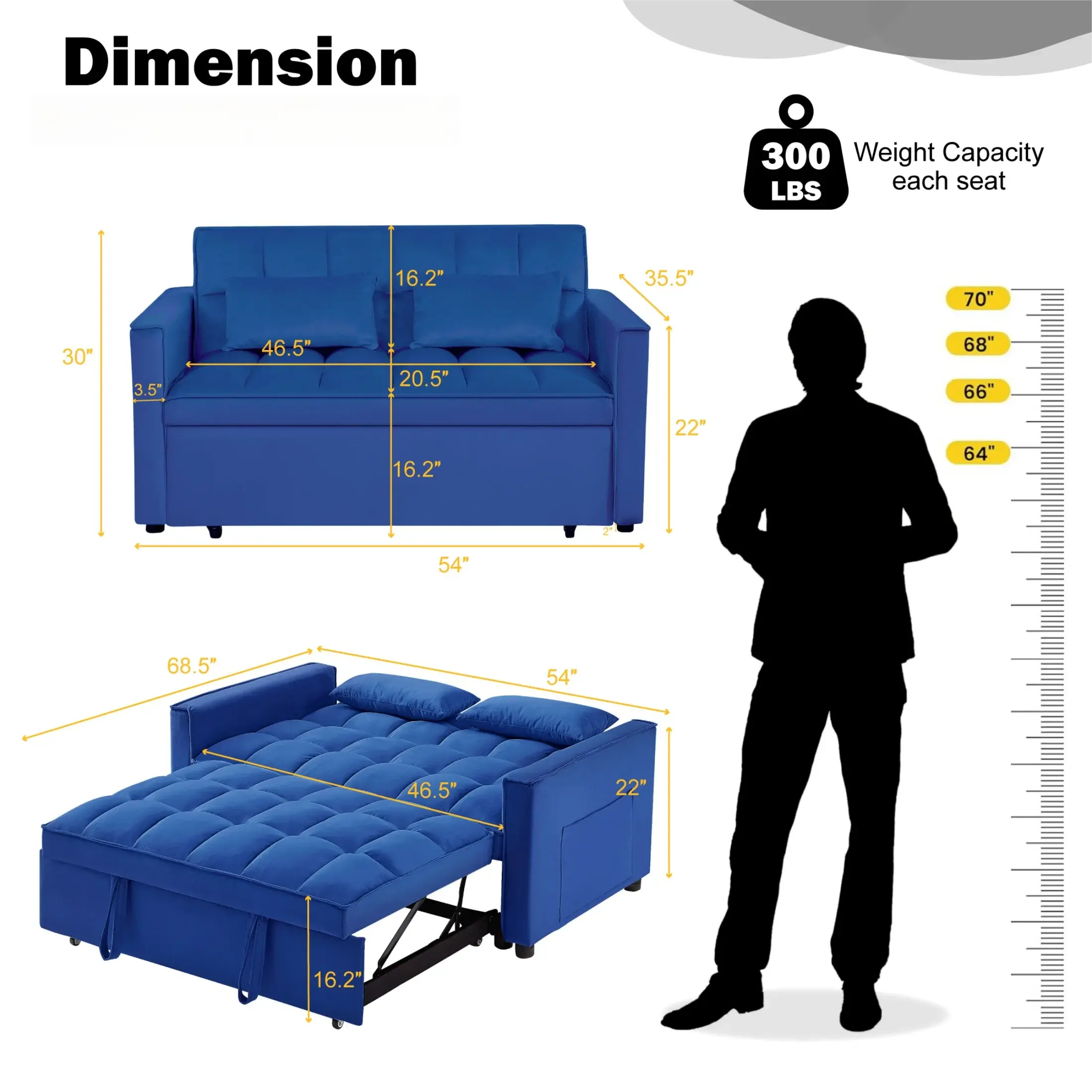 Gewnee 54" Modern Convertible Velvet Futon Sofa Bed with Pull-Out Sleeper and Adjustable Backrest, Loveseat Couch for Living Room or Office (Blue)