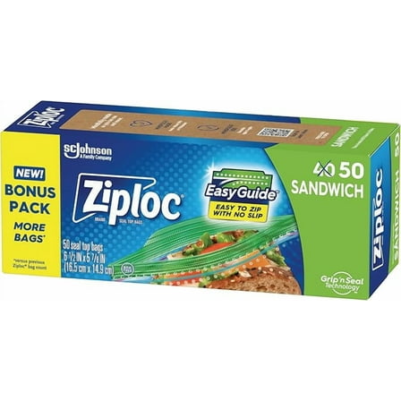Ziploc Sandwich and Snack Bags with EasyGuide Texture, Plastic Storage Bags with Grip 'n Seal Technology, 50 Bags Total( Pack of 2 )