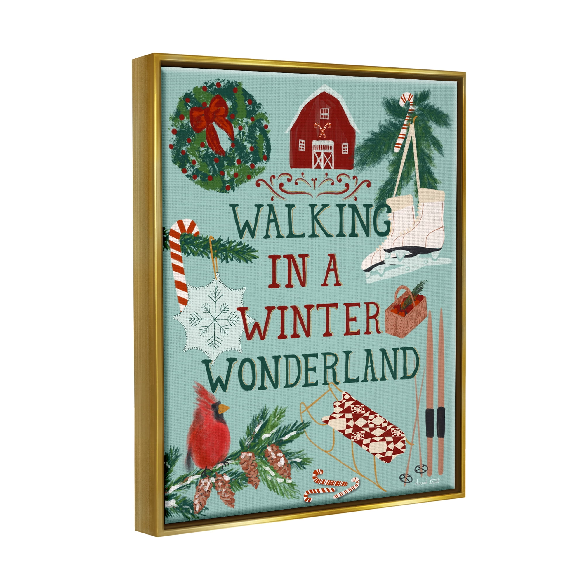 Stupell Industries Winter Wonderland Phrase Holiday Painting Gold Floater Framed Art Print Wall Art, 17 x 21