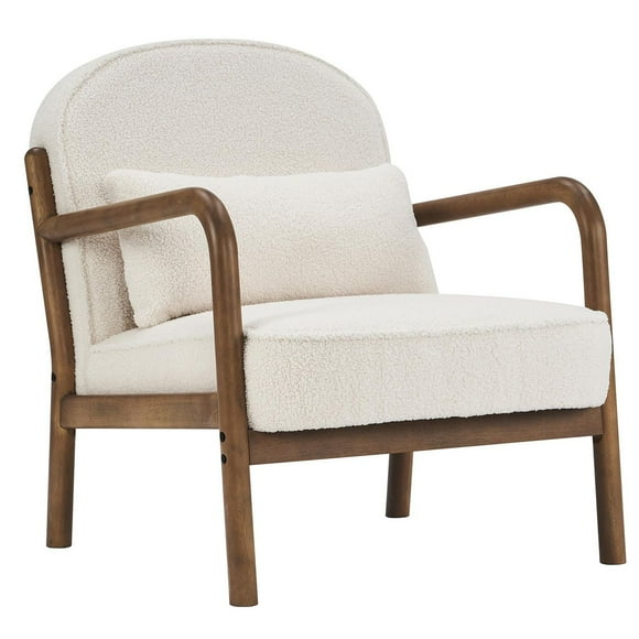 Mid-Century Modern Boucle Fabric Accent Chair, Fabric - White & Walnut