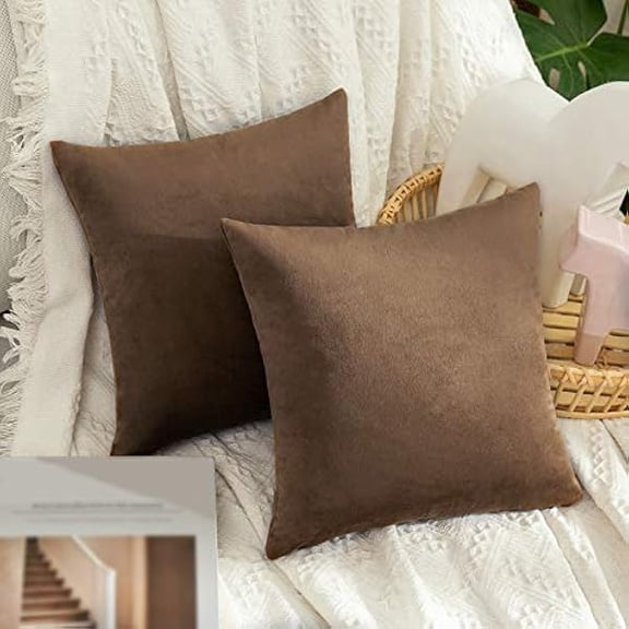 Eryueer Velvet Cushion Covers Throw Pillow Case Soft Modern Decorative Square Luxury Pillowcases for Livingroom Sofa Chair Bedroom with Invisible Zipper Set of 2 35cm x 35cm,14x14 Inches Chocolat