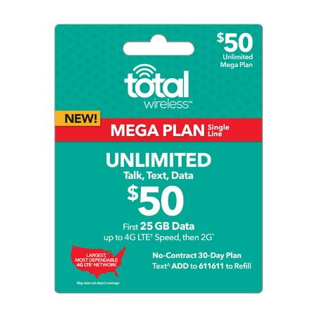 Total Wireless $50 Mega UNLIMITED Individual 30 Day Plan (with 25GB of data at high speeds, then 2G?) (Email
