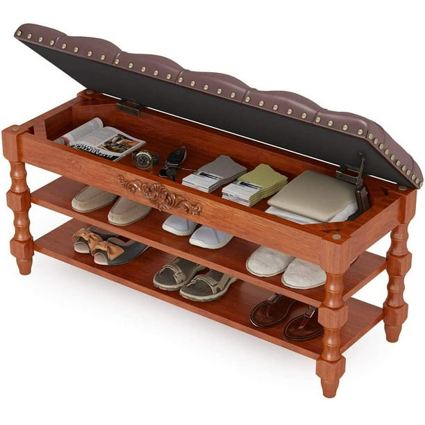 Solid Wood Storage Foyer Bench Shoe Bench Entryway 2 Tier Shoe Rack Ottoman Bench With Lift Top Seating Tufted Leather Cushion Accent Furniture Walmart Com Walmart Com