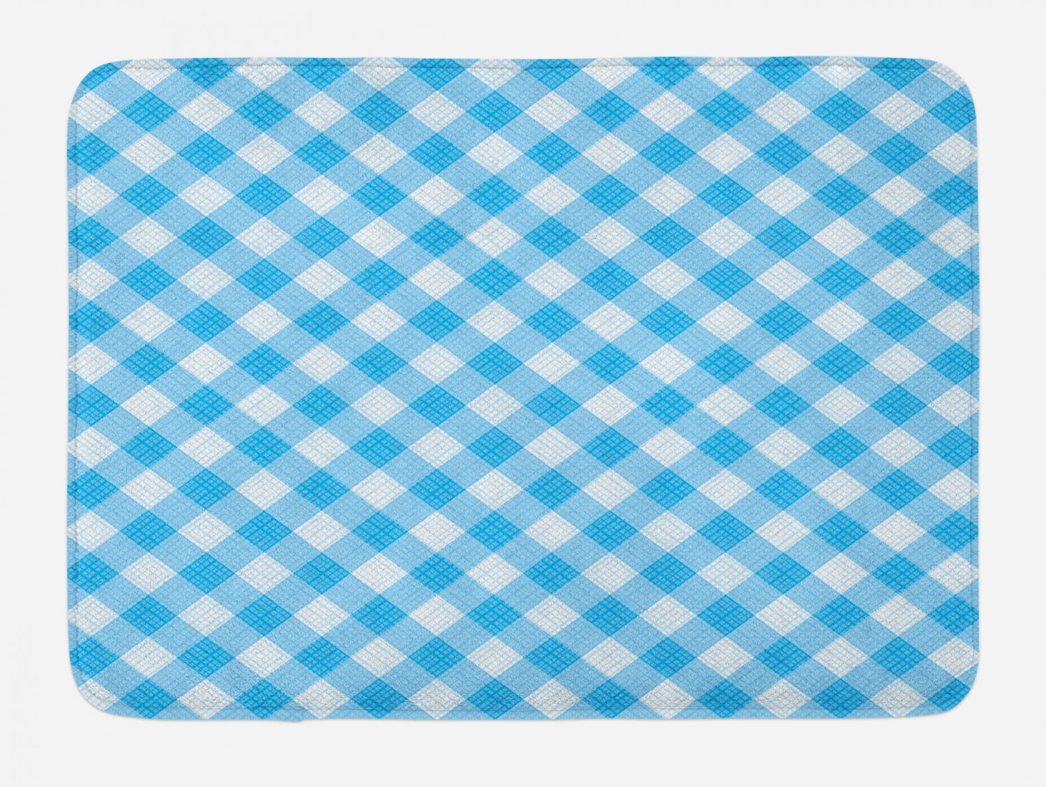 Checkered Bath Mat, Blue and White Gingham Fabric Texture Image Country