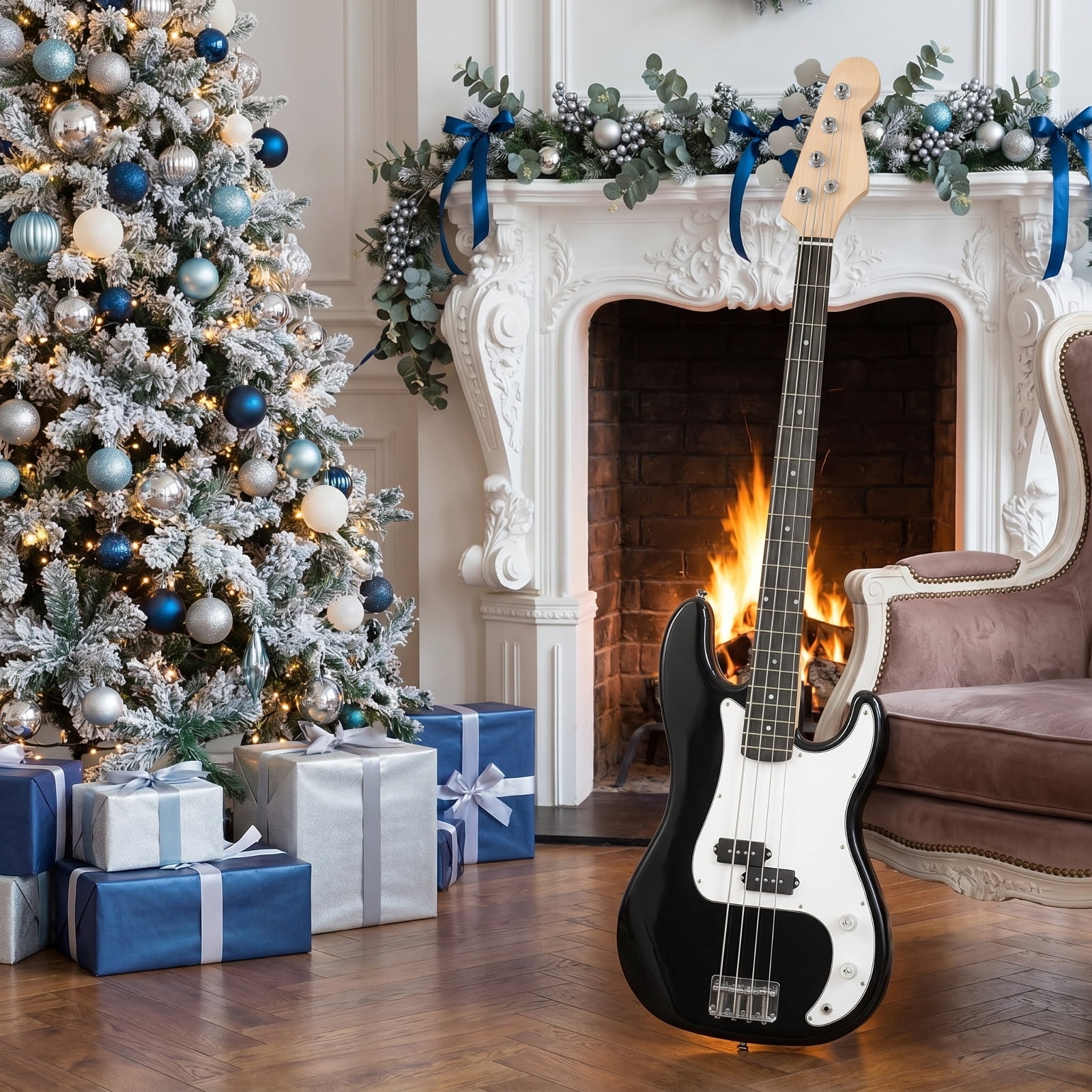 Redsmile 45.5-Inch Electric Bass Guitar with Double Pickups, Gig Bag, Truss Rod and Beginner Bundle, Black