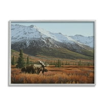 Stupell Industries Moose Rural Mountain Landscape Nature Painting Gray Framed Art Print Wall Art, 20 x 16