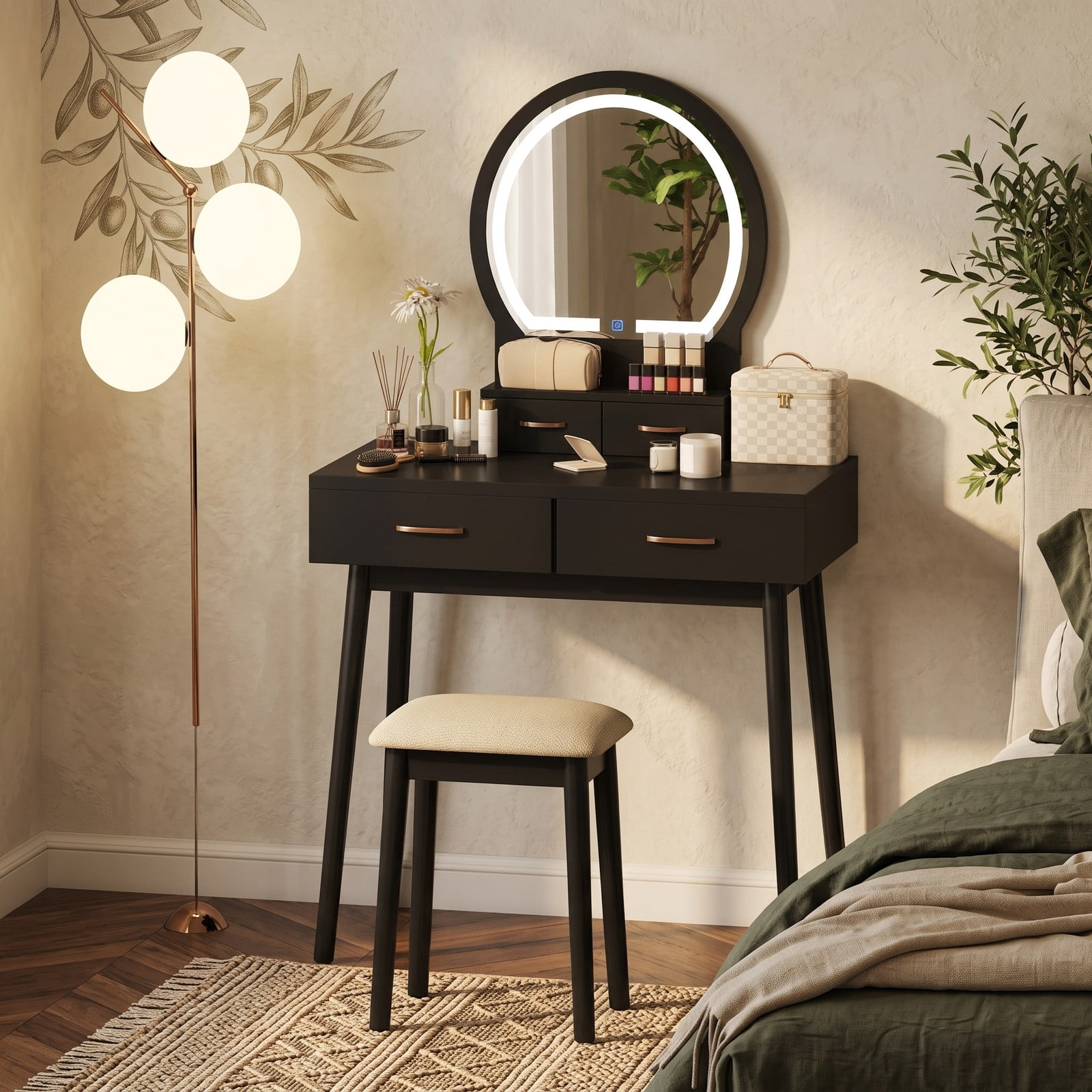 Furnibear Small Vanity Desk Set With LED Lighted Mirror and Cushioned Stool, Compact Makeup Dressing Table With 4 Drawers, Black