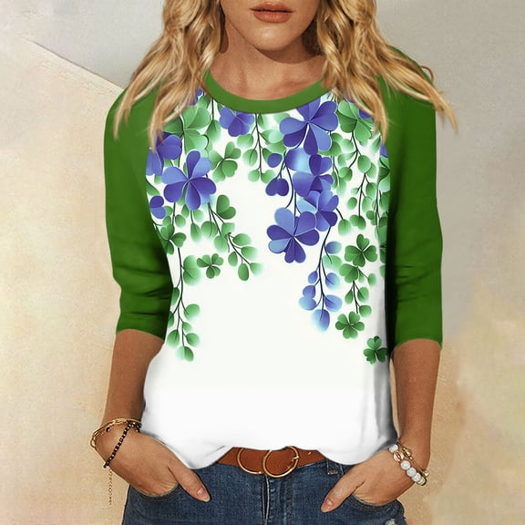 Dwralegc Vintage Tees for Women Casual 2026 Plus Size 3/4 Sleeve Four Leaf Clover Print Shamrock Printed Shirts Crewneck Fashion Saint Patrick's Cute Outfit Blouses Purple S