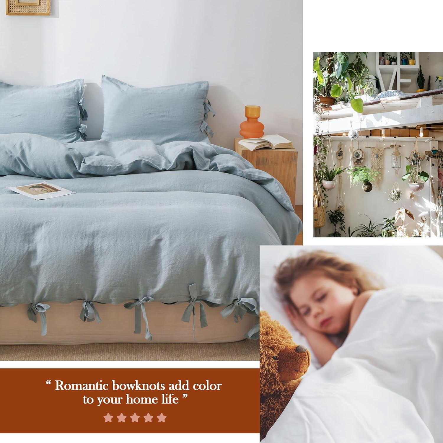 Simple&Opulence 100% Linen Duvet Cover Set, 3 Piece Belgian Flax Breathable Bedding, King Size 104''x92'' (1 Comforter Cover+2 Pillowshams) with Tie Closure Style,Dusty Blue