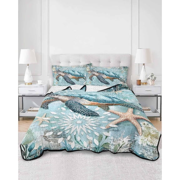 Quilts Twin XL Size, Sea Turtle Coastal Soft Comforter Bedding Set for Bed, Vintage Teal Nautical Beach Botanical Lightweight Quilted Bedspread with Pillow Cover(2 Pieces) for All Season, 68x98 Inch