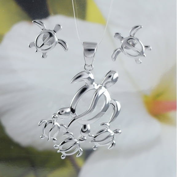 Paradise Hawaii Gifts Family Sea Turtles Sterling Silver Pendant Necklace And Earrings
