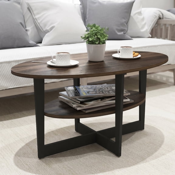 Furinno Jaya 2-Tier Round Coffee Table, Small Rustic Brown Coffee Table with Storage Shelf, Oval Center Table for Living Room, Bedroom, Home Office, Brown Walnut