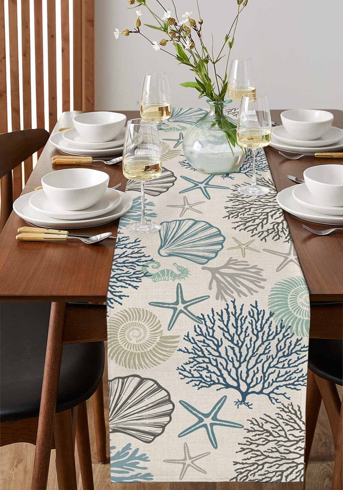 Ocean Coastal Table Runner 120 Inches, Retro Coral Starfish Shell Seahorse Bed Runner Dresser Scarves Tabletop for Indoor Outdoor Parties/Ceremony/Banquet, 13"x 120"