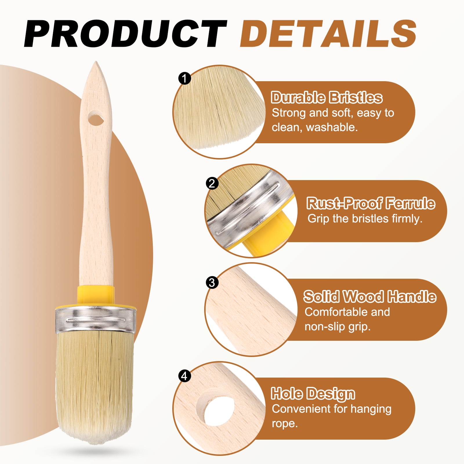 Uxcell  Wax Paint Brushes, 2 x 0.7 Inch Paint Brush, Oval PET Fiber Bristle with Wood Handle, Painting Tool for Furniture DIY Home Decor Art Crafts, Yellow