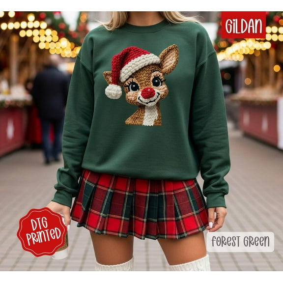 Faux Crochet Rudolph Sweatshirt, Trendy Women's season Crewneck, Santa Hat Sweatshirt, season Party Sweater, Cute Sweatshirt All Size S-5Xl