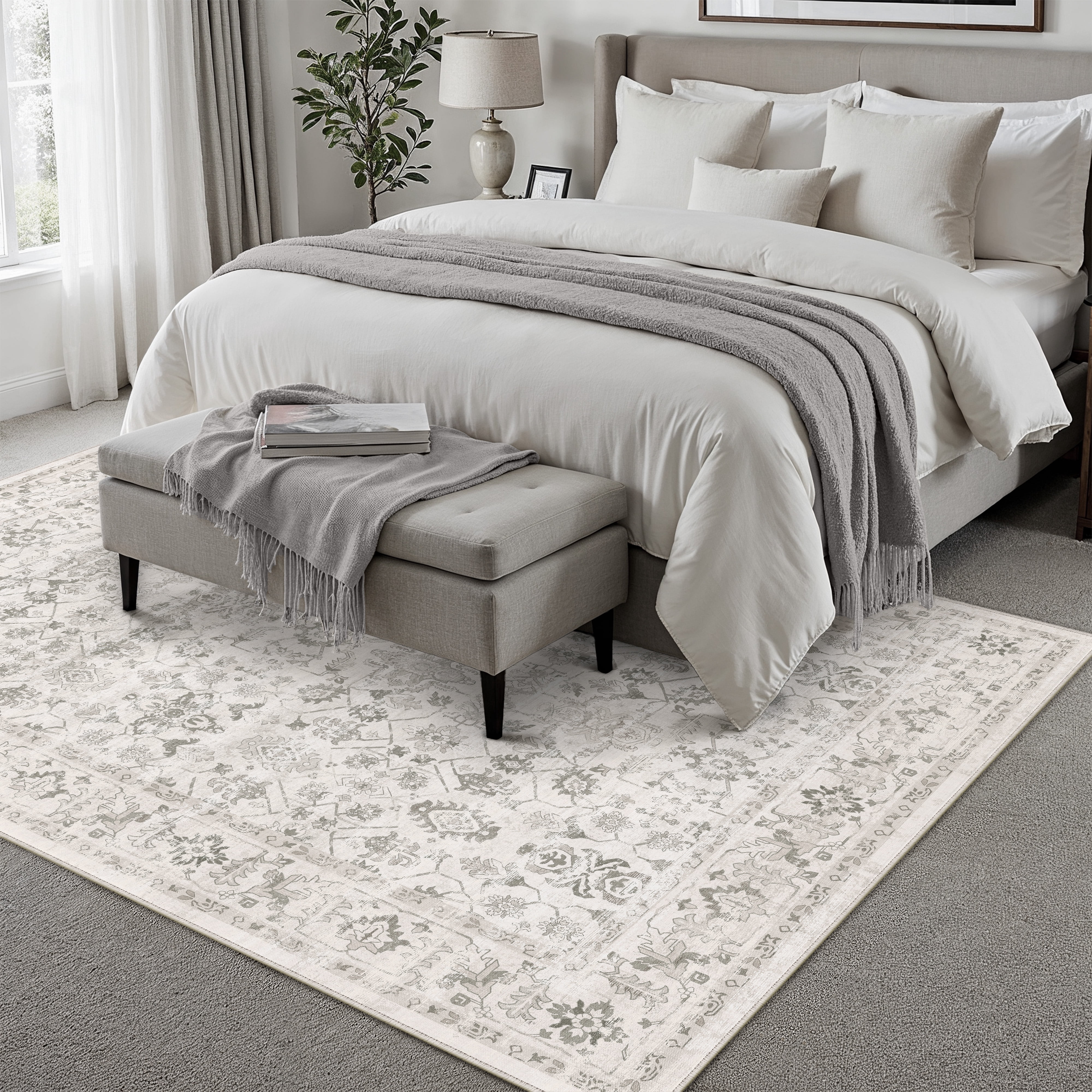 BERTHMEER 9'x12' Area Rugs for Living Room Rugs for Bedroom Gray Vintage Non Slip Washable Large Farmhouse Office Dining Room Oriental Traditional Distressed Carpets