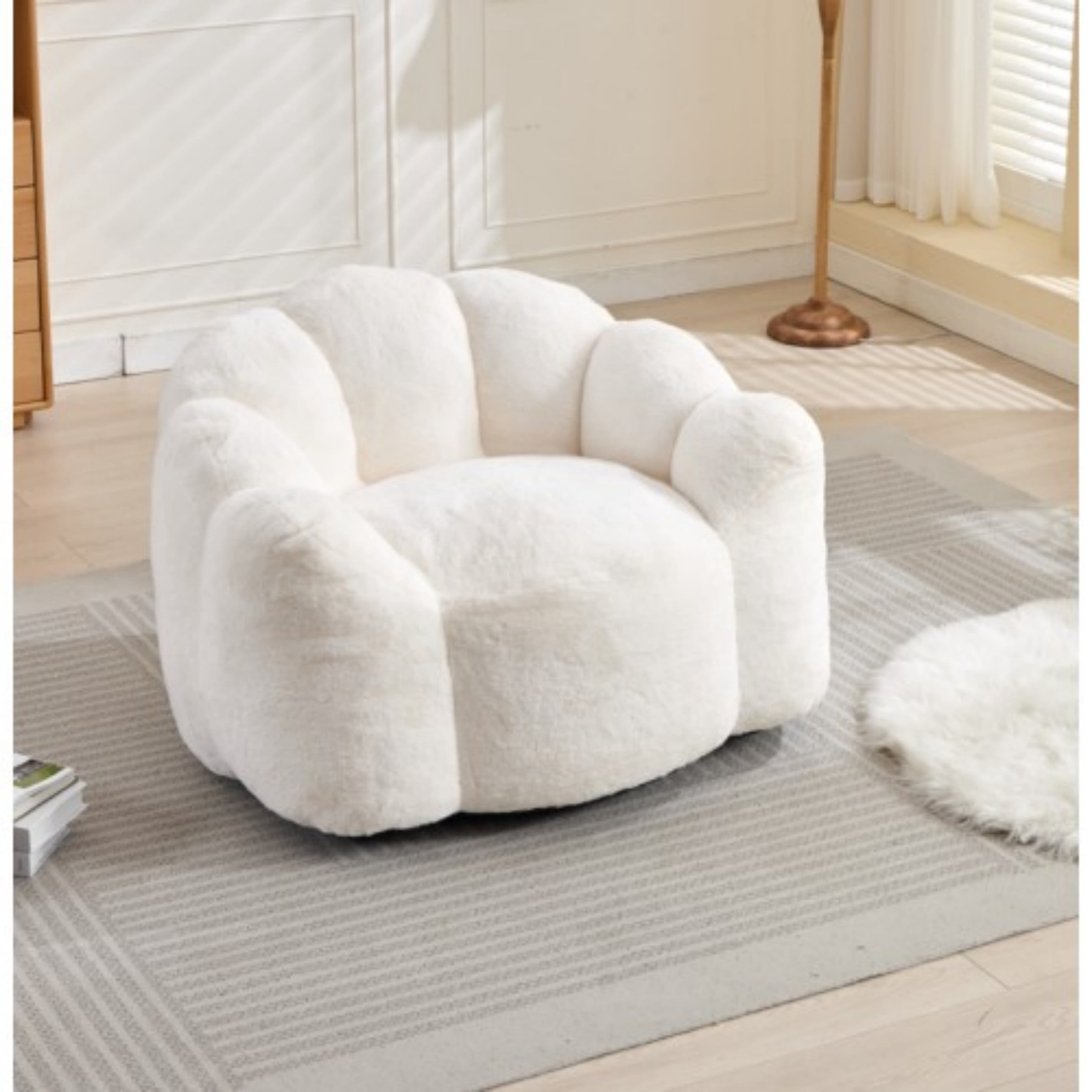 Lotus Bean Bag Sofa Chair for Adults, Memory Foam Lounge Chair with Pull Ring, Lazy Floor Sofa for Living Room Bedroom, White