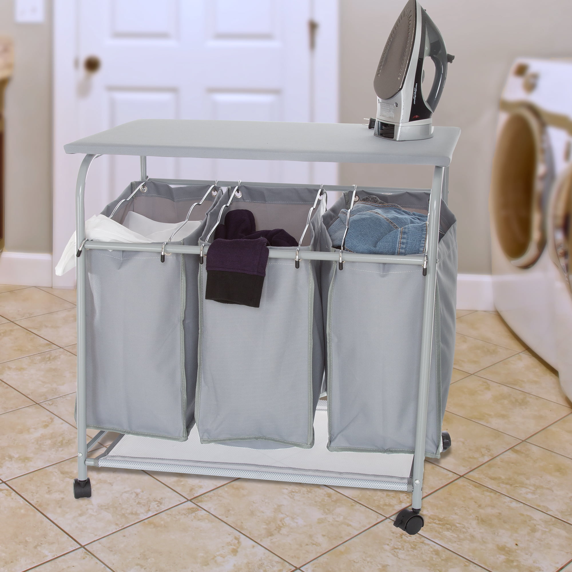 Lavish Home Rolling 3 Bin Laundry Sorter and Ironing Station Gray