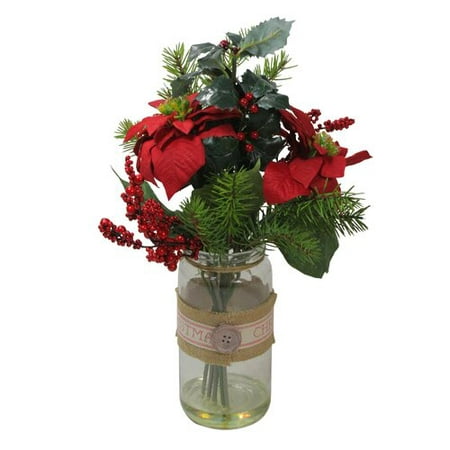 Northlight Seasonal Artificial Poinsettia, Holly and Pine Christmas Arrangements with Glass Vase