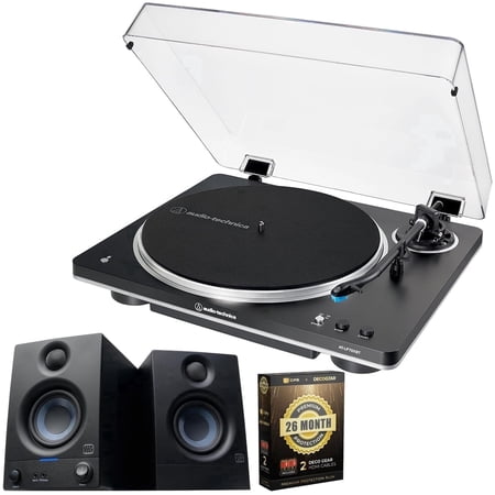 Audio-Technica AT-LP70XBT Fully Automatic Wireless Belt-Drive Turntable, Black/Silver Bundle with PreSonus Eris 3.5 Powered Active Studio Monitors, Pair + CPS Exclusive 26 Month Protection Pack