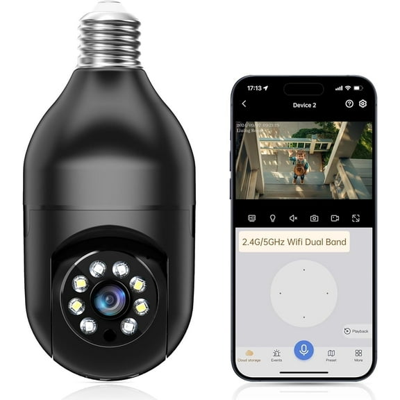 Light Bulb Security Camera -5G& 2.4GHz WiFi 2K Security Cameras, Wireless Outdoor Motion Detection and Alarm, Two-Way Talk, Color Night Vision, Human Detection