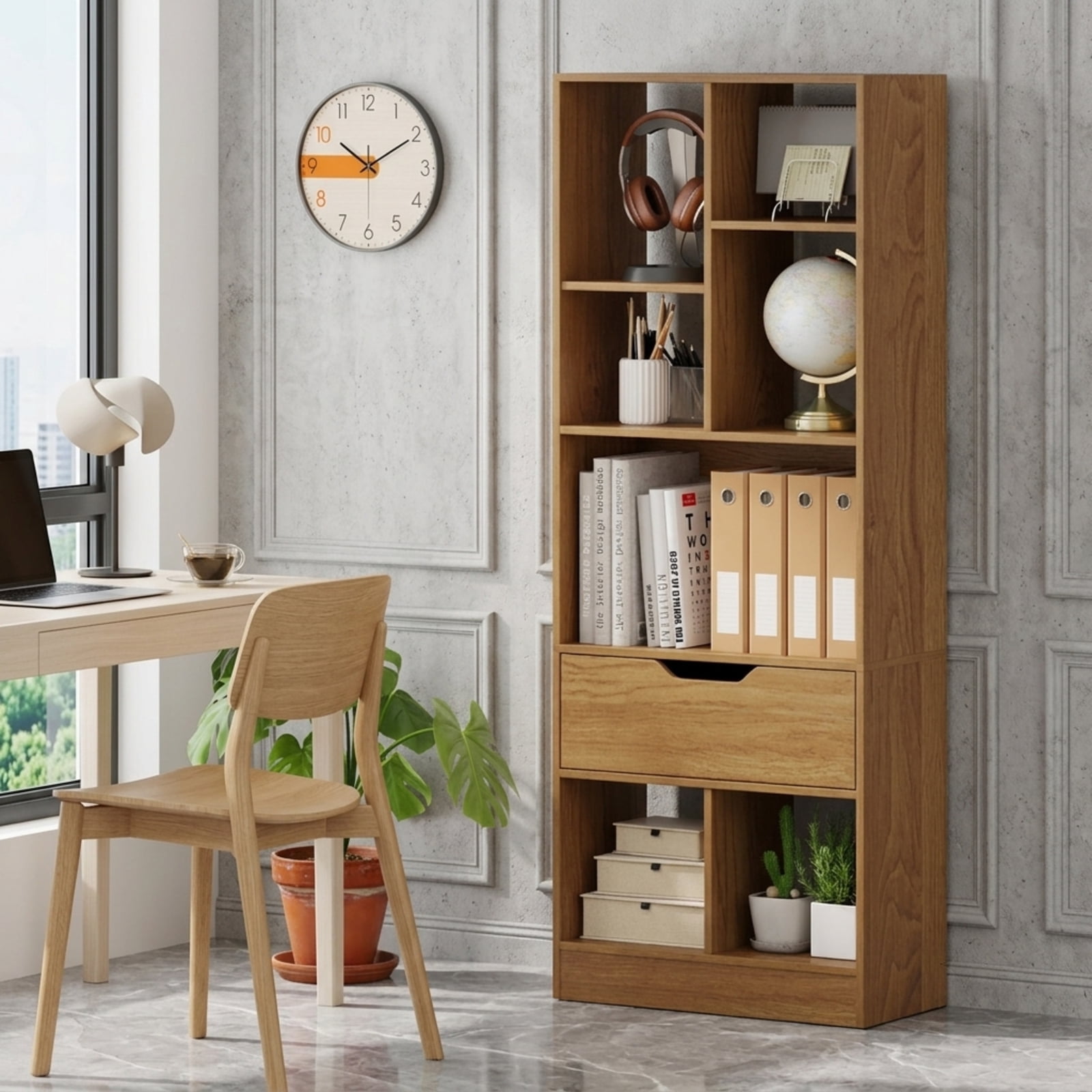 Furnibear 51 Inch Tall Freestanding Bookcase with Drawer and 7 Open Cube Shelves Wood Storage Organizer for Living Room and Study, Natural
